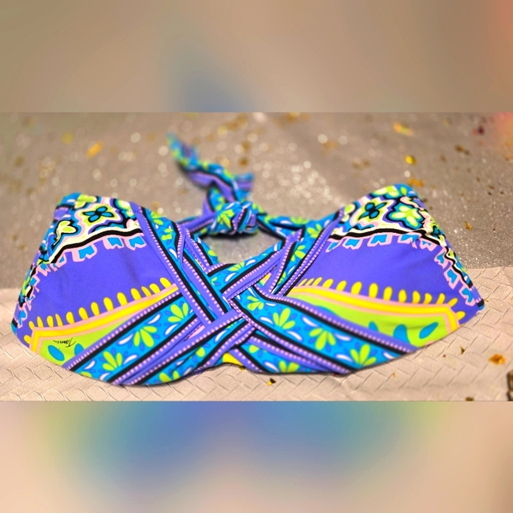 Trina Turk Bandeau Bikini Swim Top Size 12 Blue Purple Geometric Tie Back